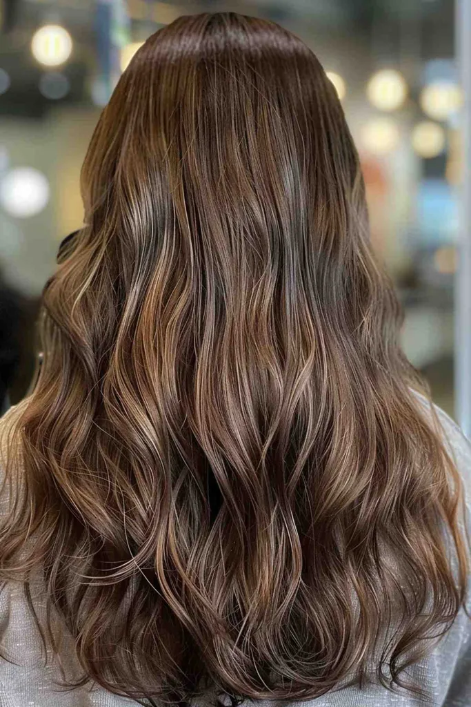 Cabelo moreno longo e grosso com reflexos castanhos suaves e ondas' title=