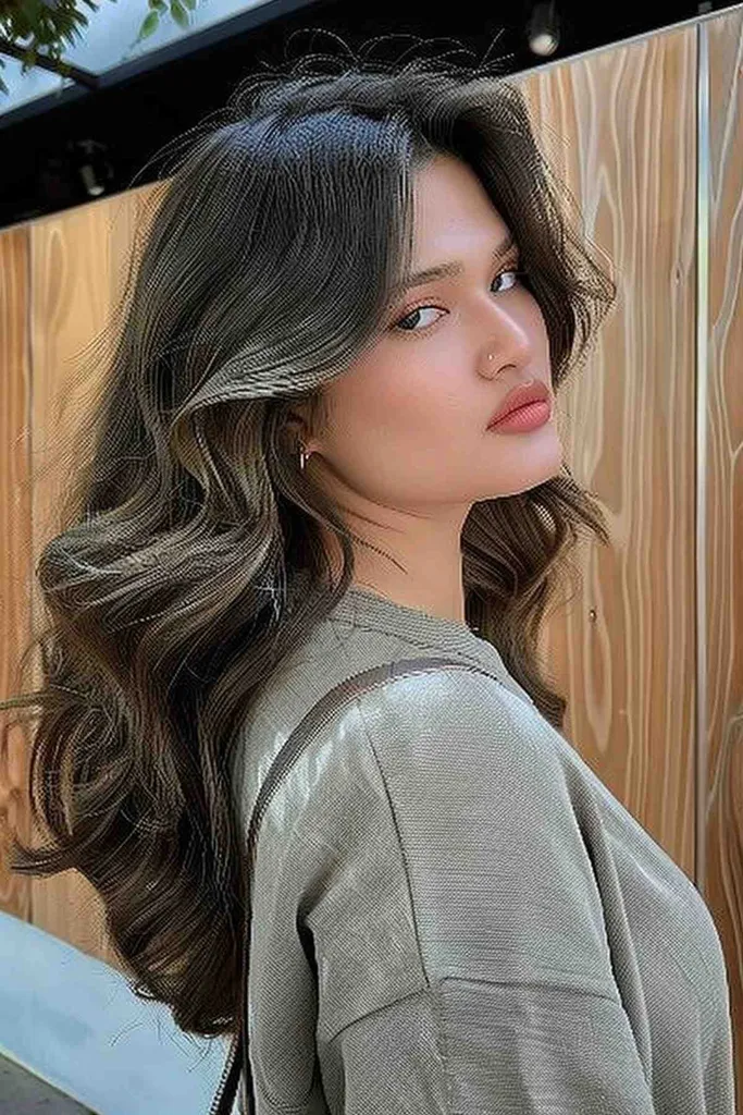 Mulher jovem com cabelos longos e cacheados e mechas' title=