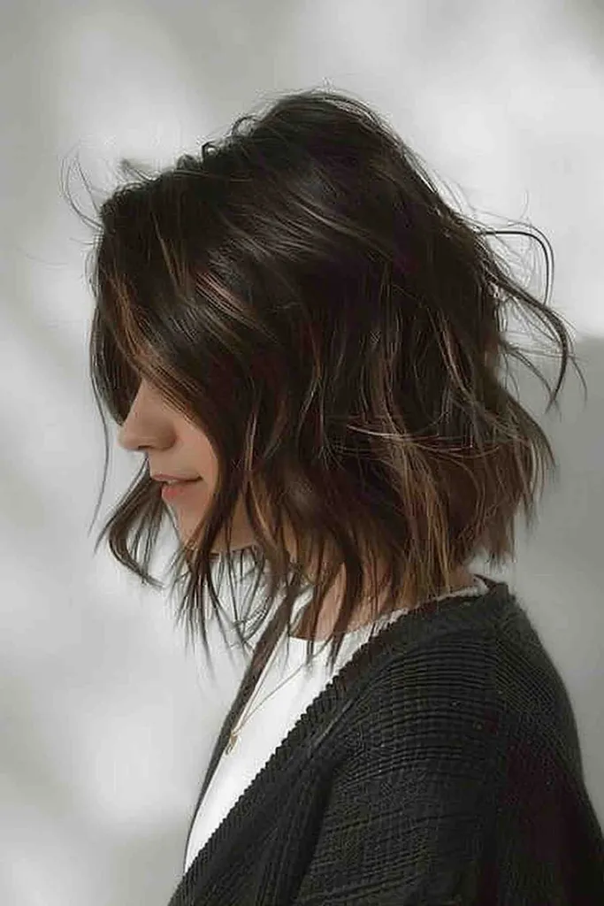 Mulher com penteado curto e bagunçado parcial Balayage Bob' title=