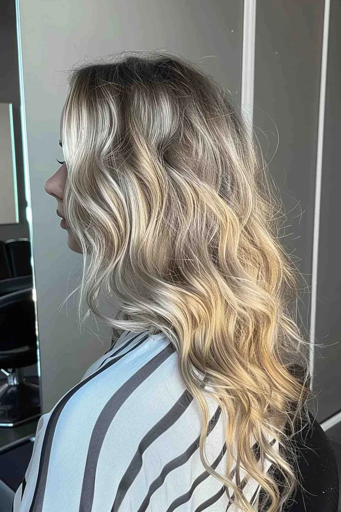 Penteado Balayage em camadas longas com ondas loiras' title=
