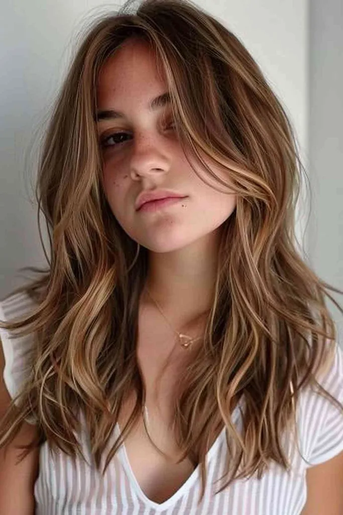 Mulher jovem com cabelo balayage em camadas médias' title=