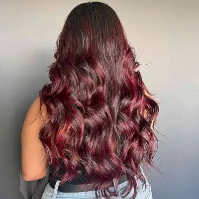 Long Wavy Red Wine Balayage Ombre Highlights on Dark Brown Hair
