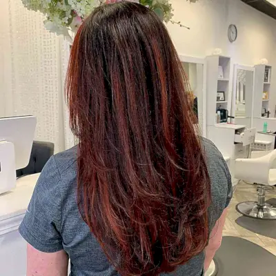 Rosewood Red Chunky Balayage Highlights for Long Dark Brown Hair