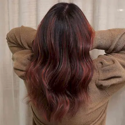 Mid-Length Dark Brown Hair with Light Auburn Red Balayage Highlights