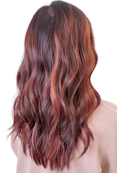 Vivid Chocolate Cherry Swirls with Mid-Length Balayage Waves and Layers