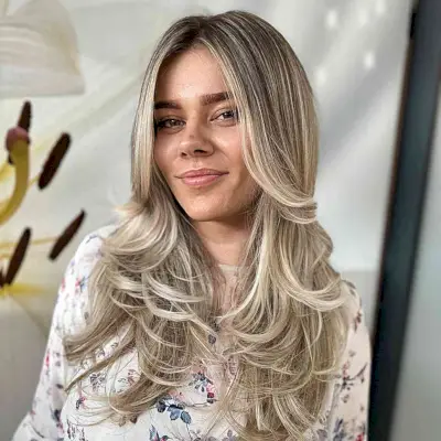 Long Blonde Balayage with Feathered Layers for Dark Hair and for girls with straight hair