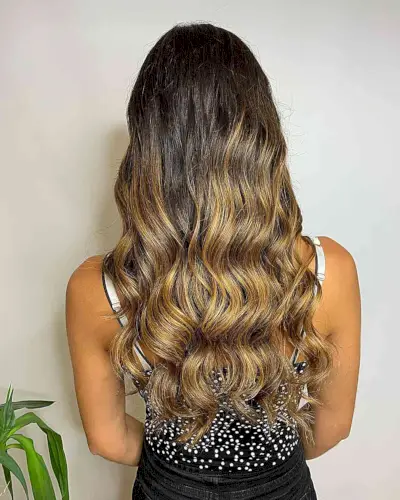 Warm Ombre Balayage Highlights on Long Dark Brown Hair