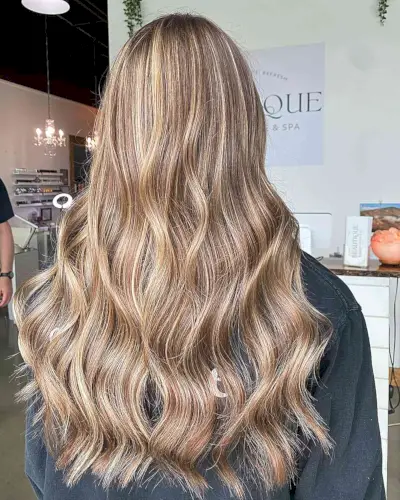 Long-Length Dimensional Blonde Balayage with Soft Waves