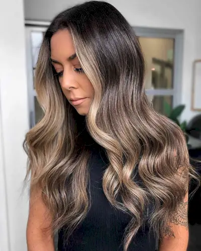 Beige Blonde Money Piece and Balayage Highlights for Chest-Length Black Hair