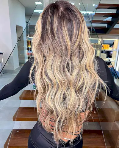 Waist-Length Rooted Blonde Balayage Waves for ladies with thin hair and dark roots