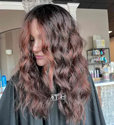 Beachy Waves on Mid-Long Chocolate Auburn Balayage Hair