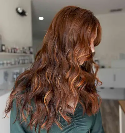 Soft Copper-Auburn Balayage Hue with Face-Framing Highlights for Long Hair