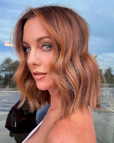 Rich Auburn Balayage Lob with Textured Ends