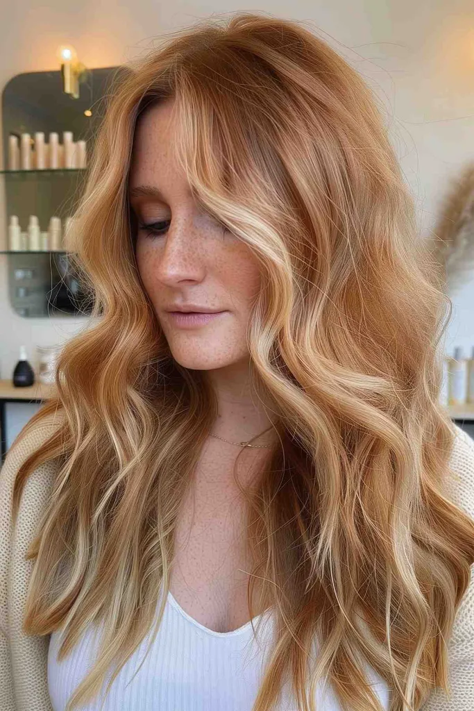 Cabello largo y ondulado con reflejos balayage rubio fresa.' title=