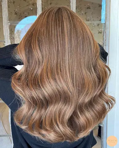 Glossy Light Brown - Caramel Blonde Hair Color with Long Waves