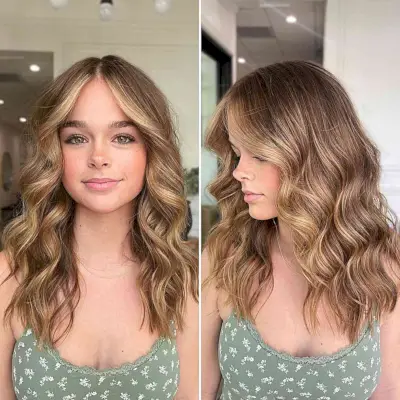 Warm Toffee and Caramel Blonde Tones on Medium Wavy Hair