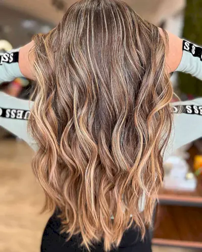 Long Wavy Dark Hair with Caramel Blonde Ombre Highlights