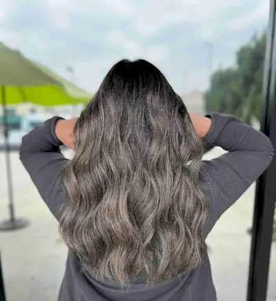 Sexy Ash Brown Balayage Highlights on Black Hair