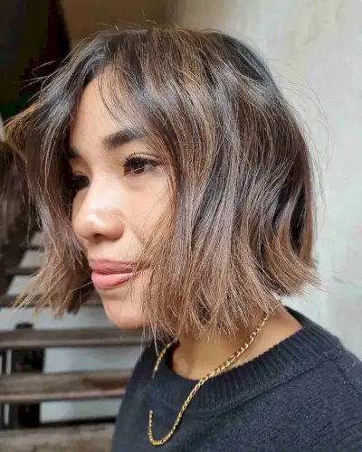 Soft Messy Light Brunette Bob with Highlights