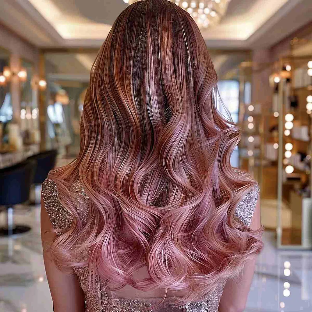 Prachtige roségouden en kastanjebruine balayage' title=