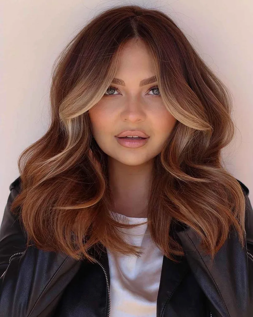 bruine balayage met lagen die het gezicht omlijsten' title=