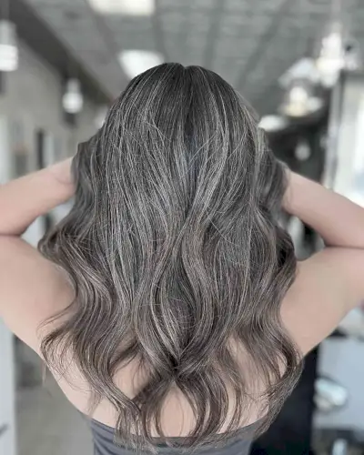 Mid-Long Wavy Hair with Dark Ashy Tone Natural Highlights