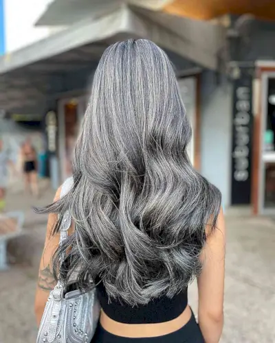 Long-Length Dark Ash Blonde Hair with Smokey Gray Balayage Highlights