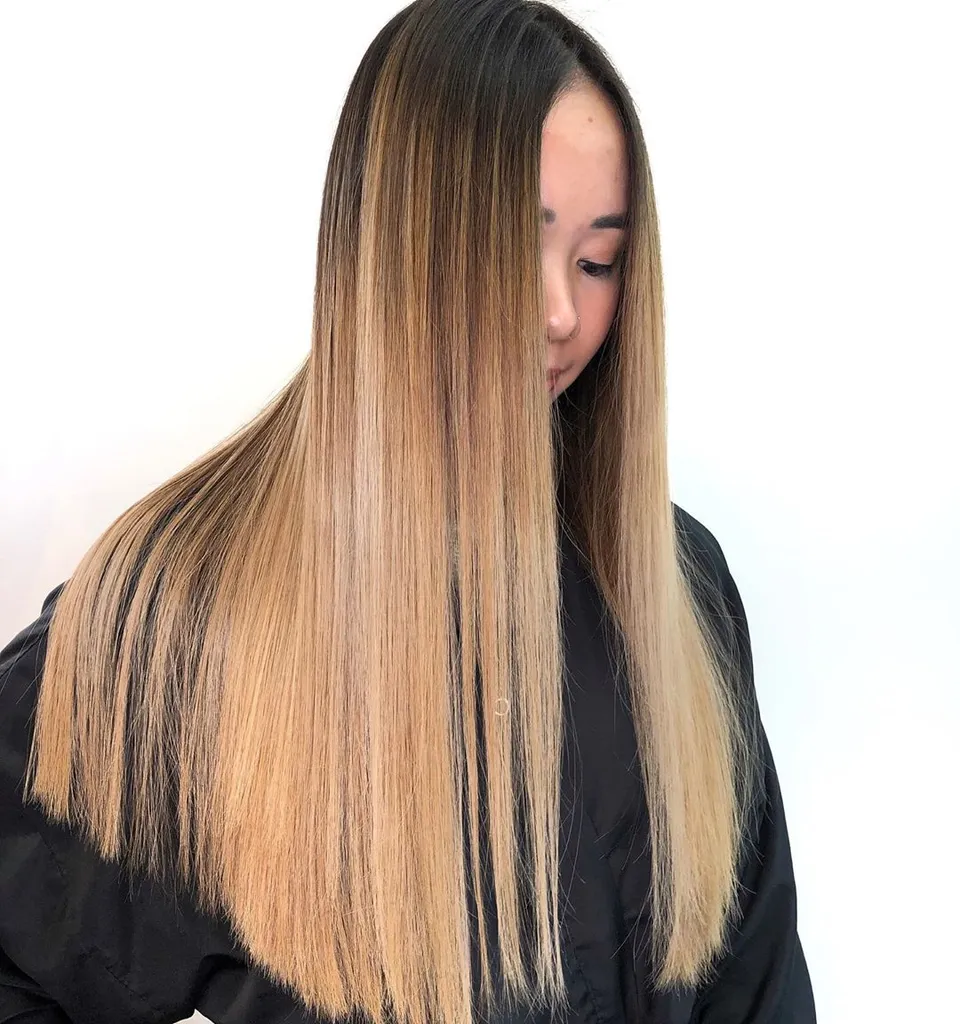 צבע שיער בלונדיני קרמל על בסיס שחור עד חום כהה' title=