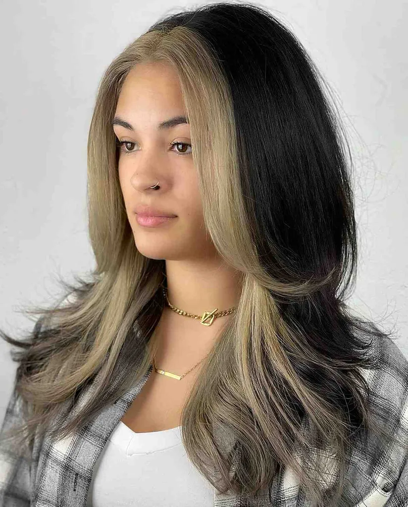 שיער שחור עם חתיכת כסף בלונדינית עבה' title=