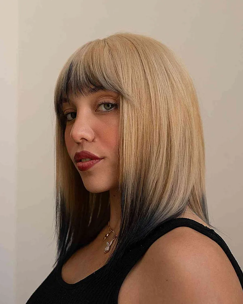 שיער בלונדיני קצר עם טיפים שחורים' title=