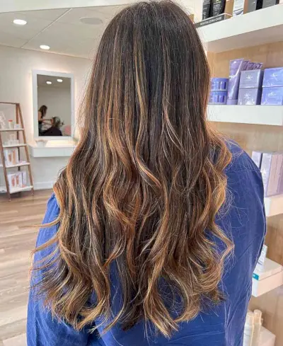 Soft Caramel Brown Ombre Balayage Highlights on Long Wavy Hair