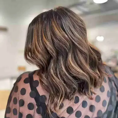 Caramel Brown Partial Balayage with Dark Base on Medium Hair
