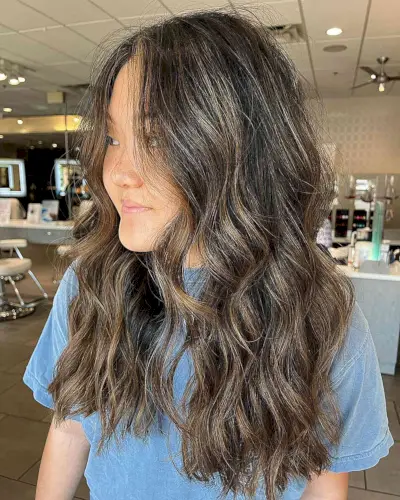 Soft Brunette Caramel Balayage with Long Waves