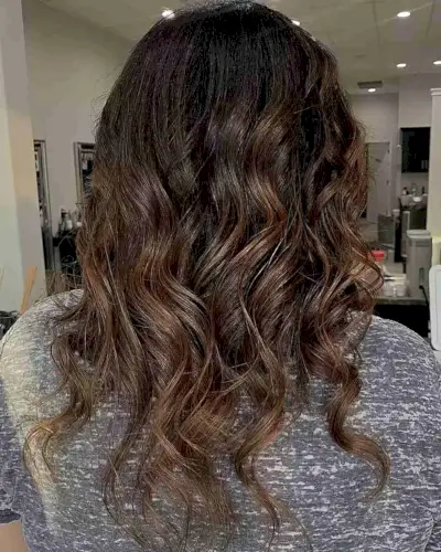 Medium-Length Dark Caramel Brown Balayage Hair with Choppy Waves