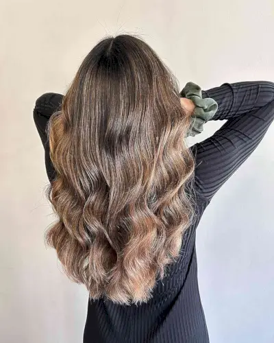 Long Caramel Ash Brown Balayage on Dark Hair