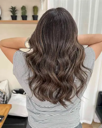Mid-Long Dark Balayage Hair with Soft Caramel Hues