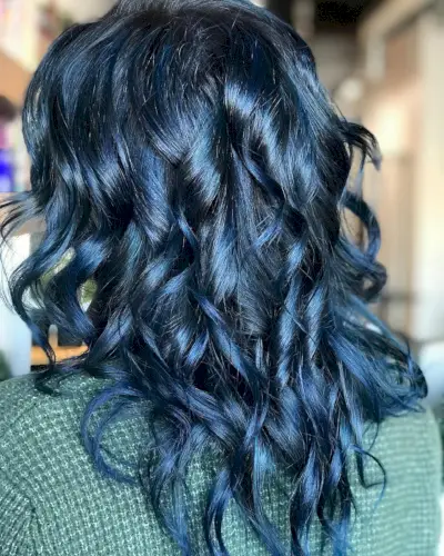 Shiny Curly Dark Blue Hair Color
