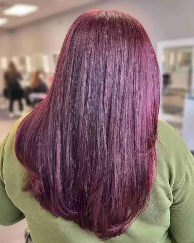 Purplish Burgundy Hair Color on Sleek, Straight-Haired Women