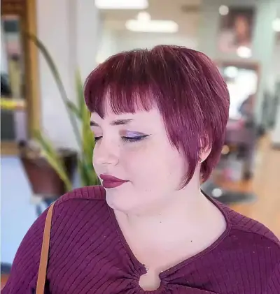 Red Velvet Burgundy Hue for Tapered Bob with Bangs on Ladies with Round Faces