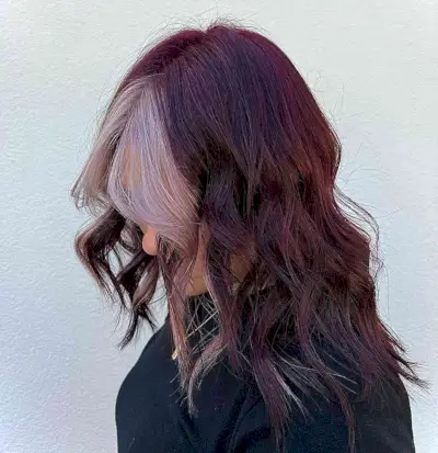 Deep Burgundy Red-Violet with Silver Face-Framing Highlights on Mid-Length Choppy Hair
