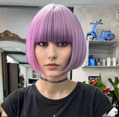 Violet-Purple Chin-Length Bob with Bangs and Face-Framing