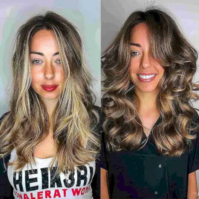 Medium length chocolate brown hair transformed from straight with light ends to voluminous curls, illustrating a versatile styling option for wavy to curly textures.