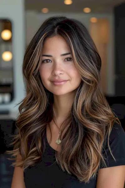 Caramel highlights on lived-in dark brown hair