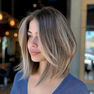 Lob Cut with Blonde Balayage Highlights on Dark Hair