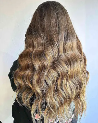 Long-length Wavy Light Brunette Hair with Golden Highlights