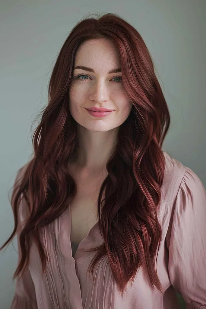 Langt bølget hår med mørk kirsebær og rødbrun blanding.' title=