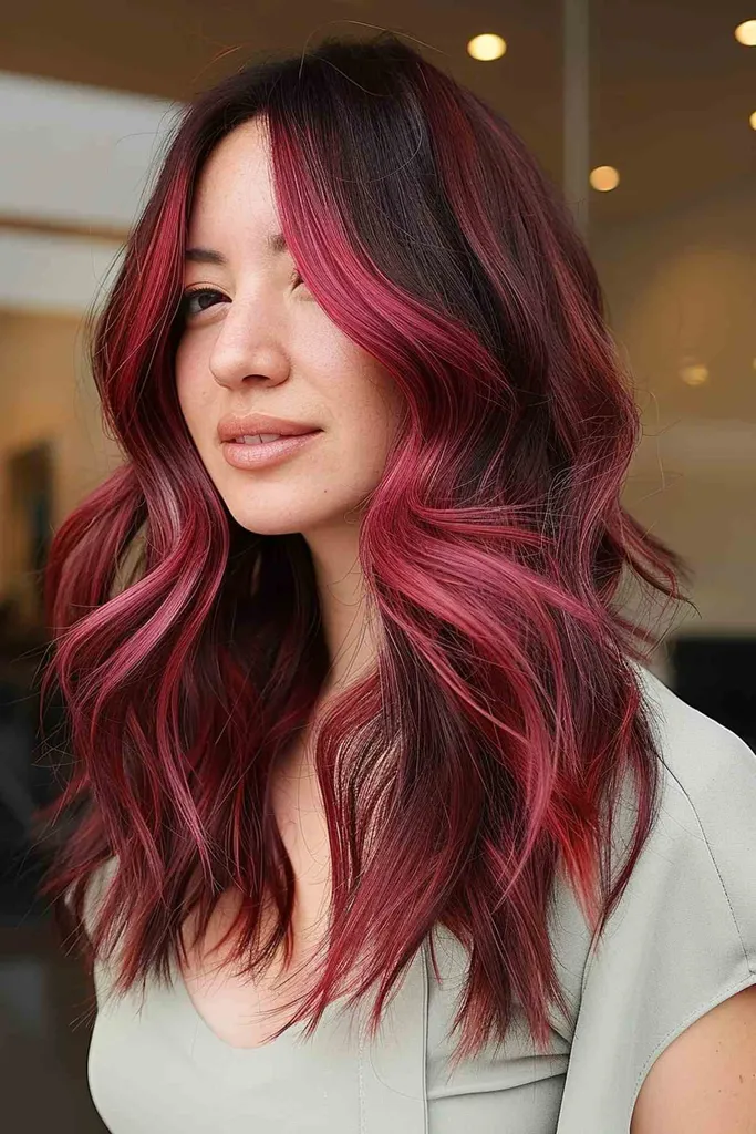 Langt bølget hår med mørk kirsebærfarge og pendelaksent.' title=