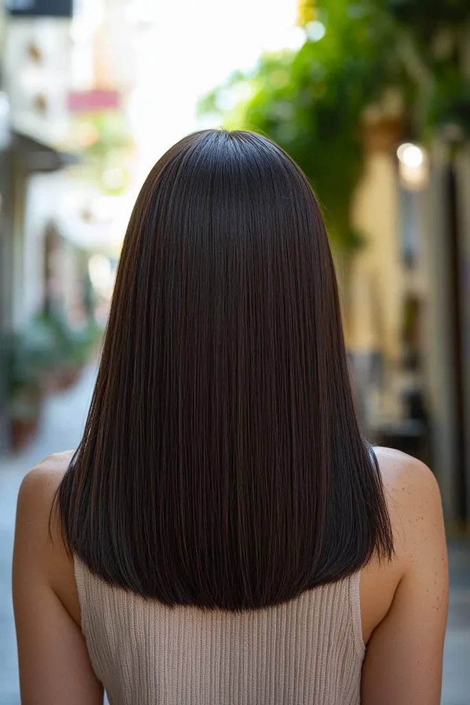 Cabello castaño oscuro de longitud media con un corte contundente.' title=
