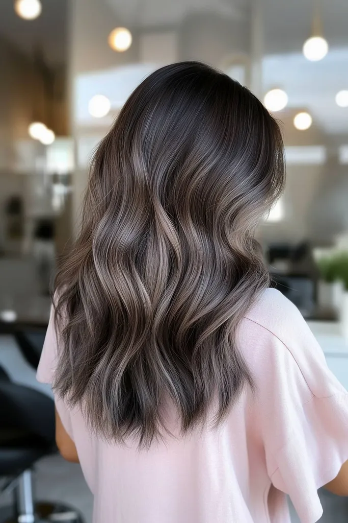 Cabello castaño oscuro ceniciento con ondas suaves.' title=