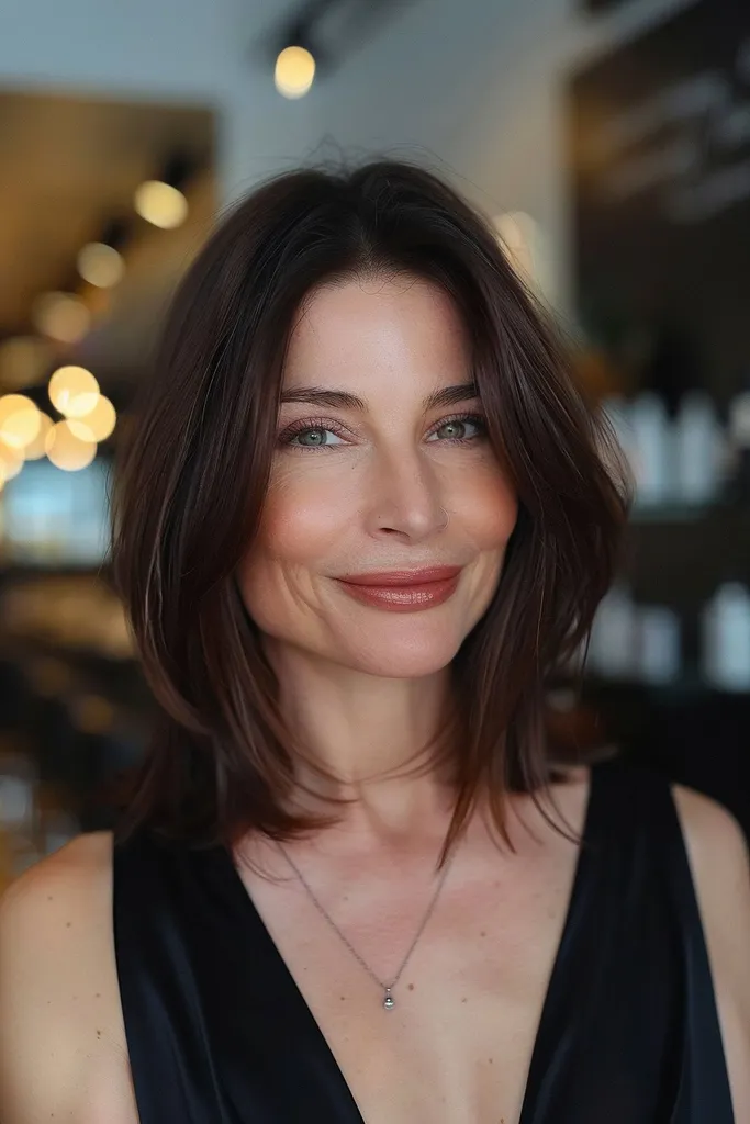 Cabello castaño oscuro hasta los hombros' title=